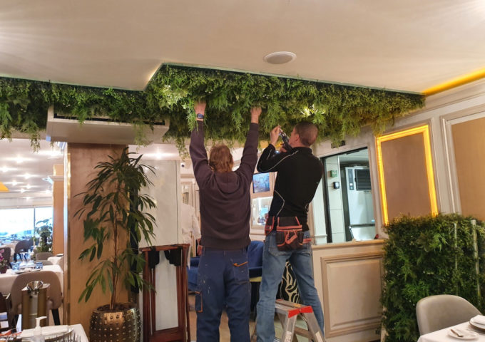 restaurant-classique-pendant-plafond-vegetal-mur-vegetal restaurant-classique-pendant-plafond-vegetal-mur-vegetal